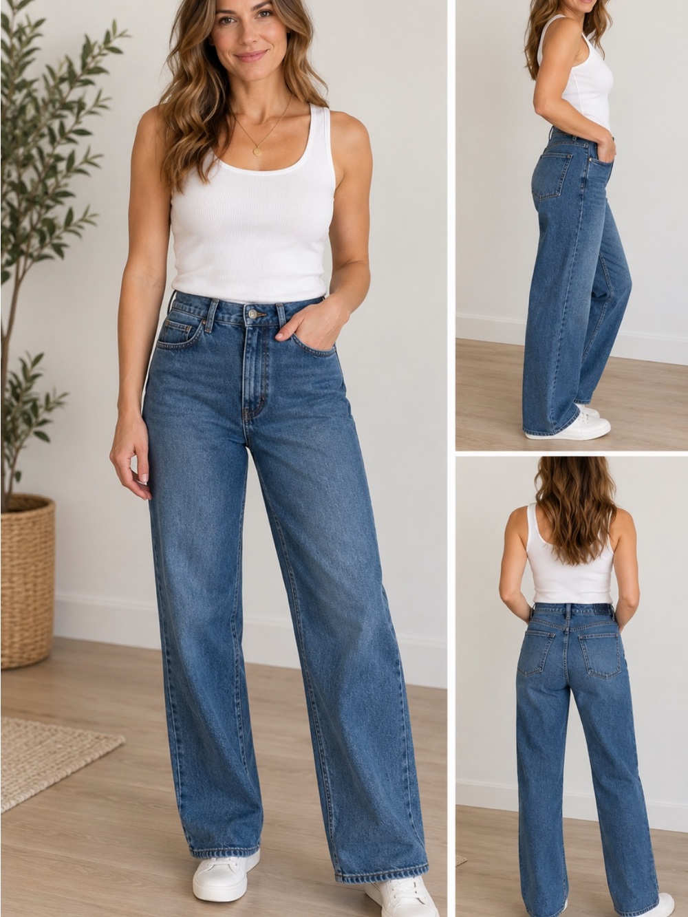 Blue Flare Wide Leg Jeans with Natural Fading